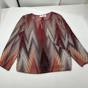 Chico’s 2 Women’s Large Long Sleeve Blouse Lightweight Red Patterned Top
